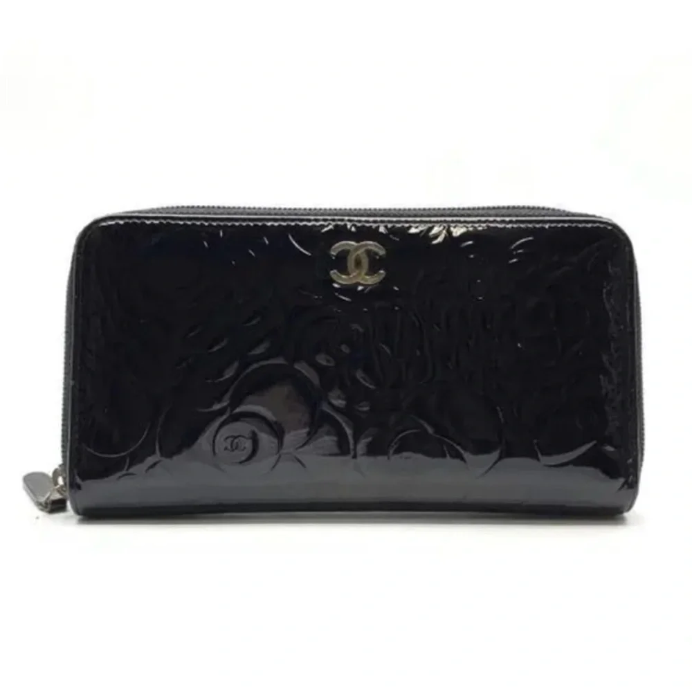 Authentic Chanel Camelia patent leather zip around wallet long